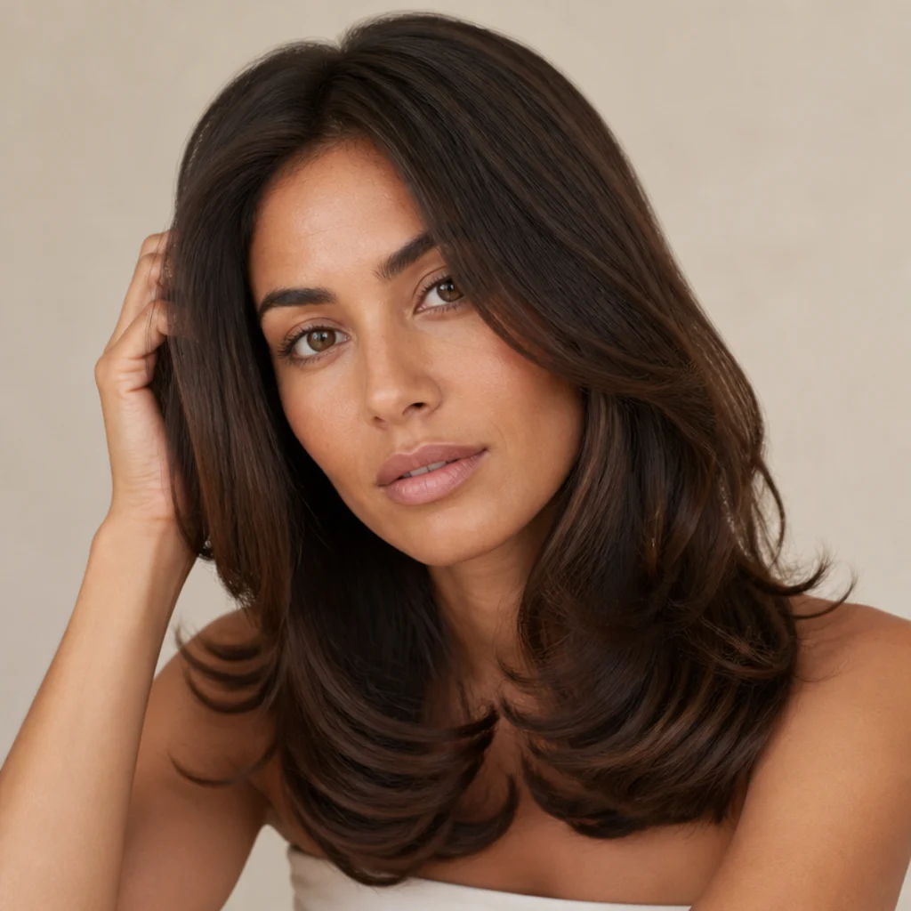 Model with a full, rounded bouncy blowout and soft volume at the roots, brunette hair falling just past the shoulders in a warm salon light