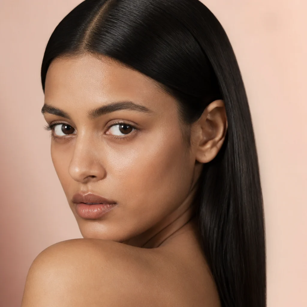 Model with pin-straight glossy hair and a smooth glassy finish, dark hair parted in the center against a soft neutral backdrop