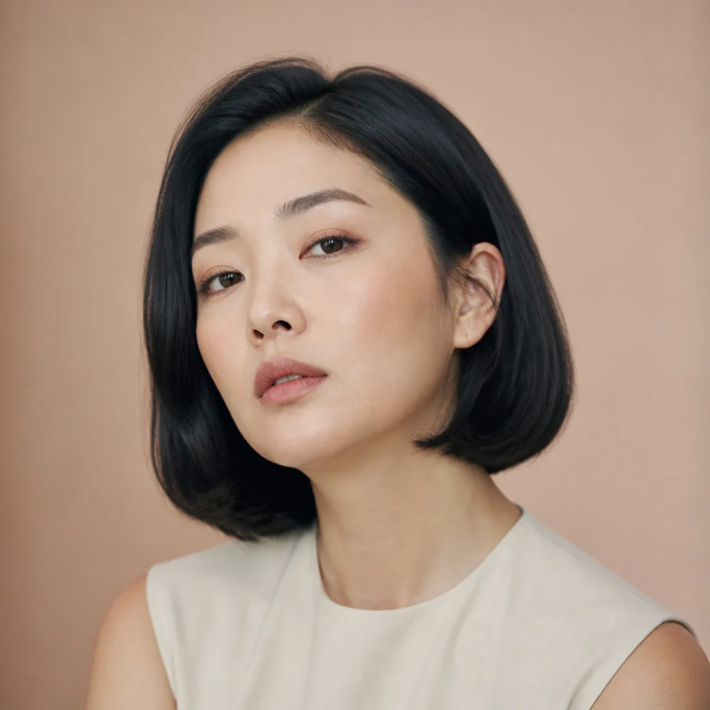 Model with a chin-length bob curved under at the ends and soft volume, glossy black hair with a clean rounded line