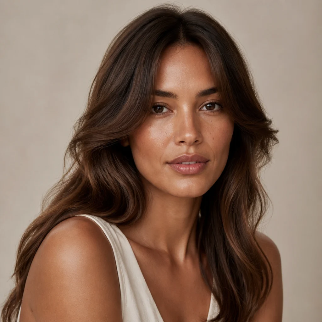 Model with curtain bangs styled to sweep away from the face, framing the cheekbones, chestnut hair with soft feathered movement