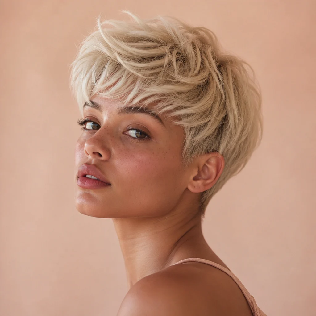 Model with a short tousled pixie cut styled with piecey volume and texture, platinum blonde hair lifted at the crown