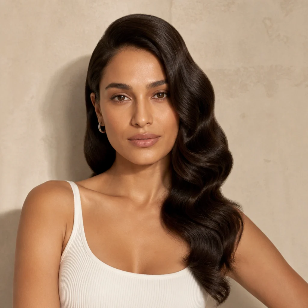 Model with sleek uniform old-Hollywood waves swept to one side, glossy dark brown hair in a polished S-wave