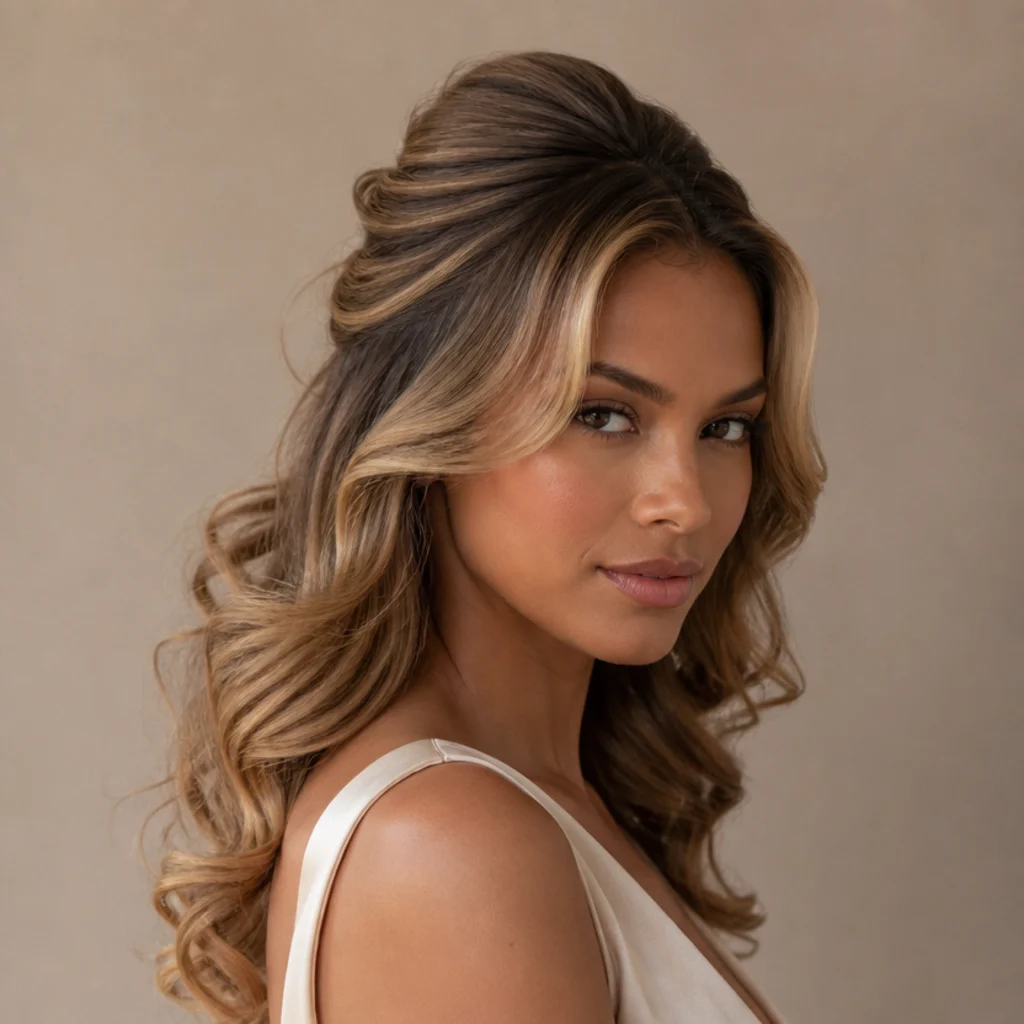 Model with a half-up style featuring a volumized crown and bouncy curls left down, honey blonde hair with soft movement