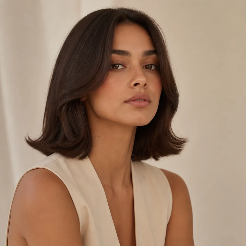 Model with a shoulder-length lob flipped outward at the ends for a modern retro feel, cool-toned brown hair with texture