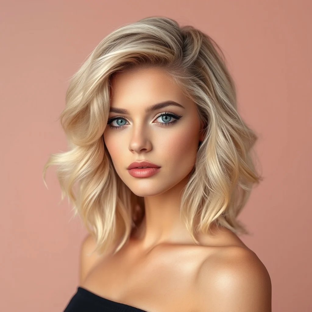 Model with fine hair styled for maximum root volume and airy fullness, light golden blonde with lifted crown