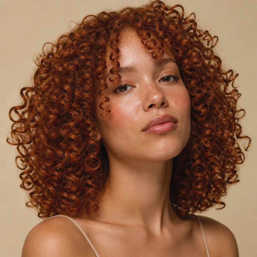 Model with tight, defined springy ringlet curls framing the face, rich copper red hair with high definition