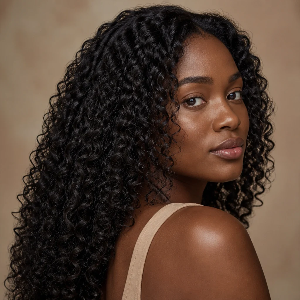 Model with natural curly and coily hair styled into soft, elongated defined curls, deep espresso brown with natural volume