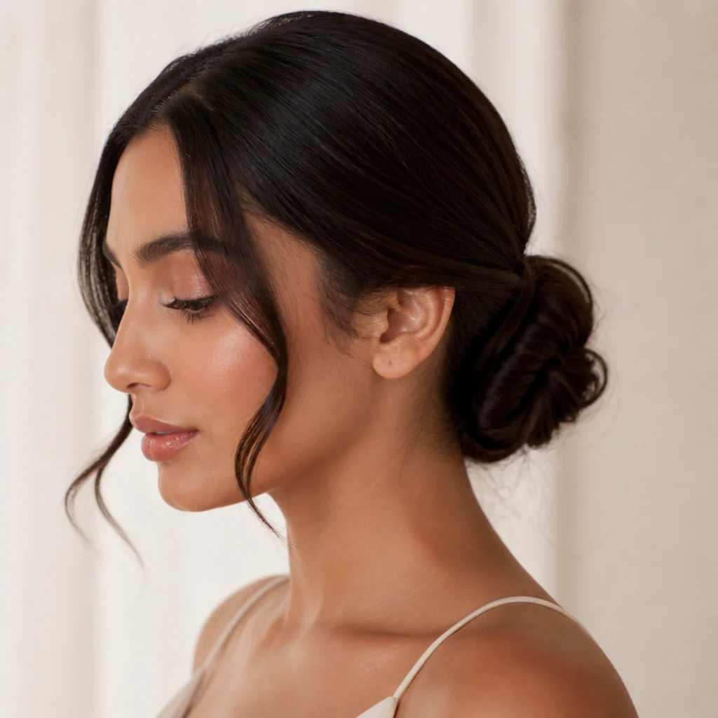 Model with a sleek low bun and two softly curled face-framing pieces, dark brown hair with a glossy finish