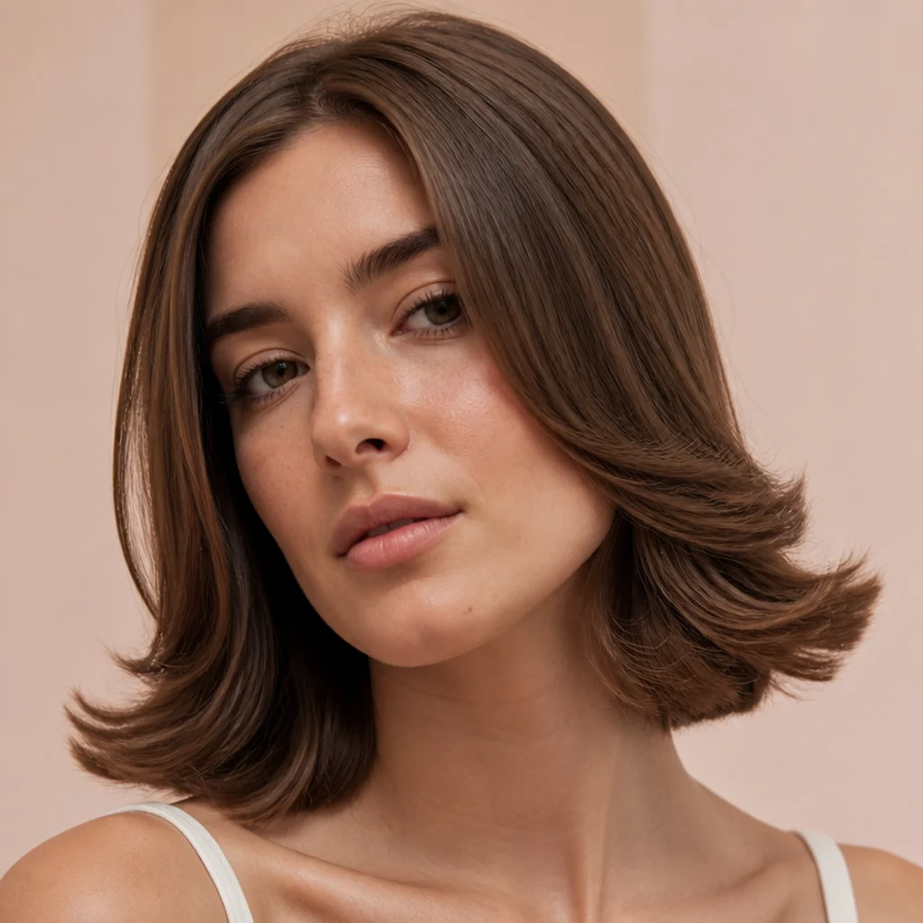 Model with a mid-length style featuring ends flipped up in a playful retro flip, warm chestnut hair with a sharp blunt line