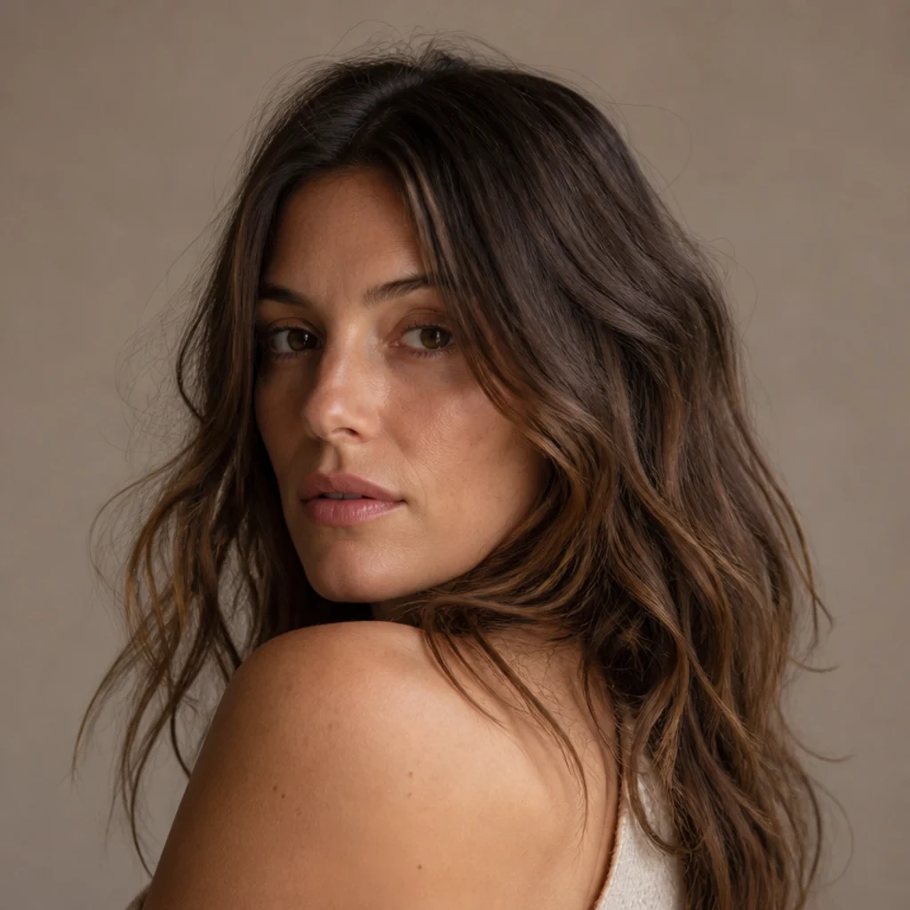 Model with naturally textured, air-dried-looking waves and minimal polish, medium ash brown hair with soft undone texture