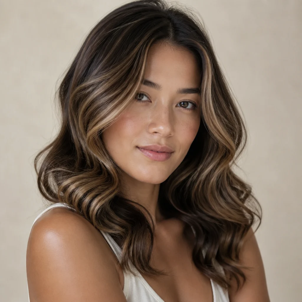 Model with modern waves curled in alternating directions for undone dimension, balayage brown hair catching light