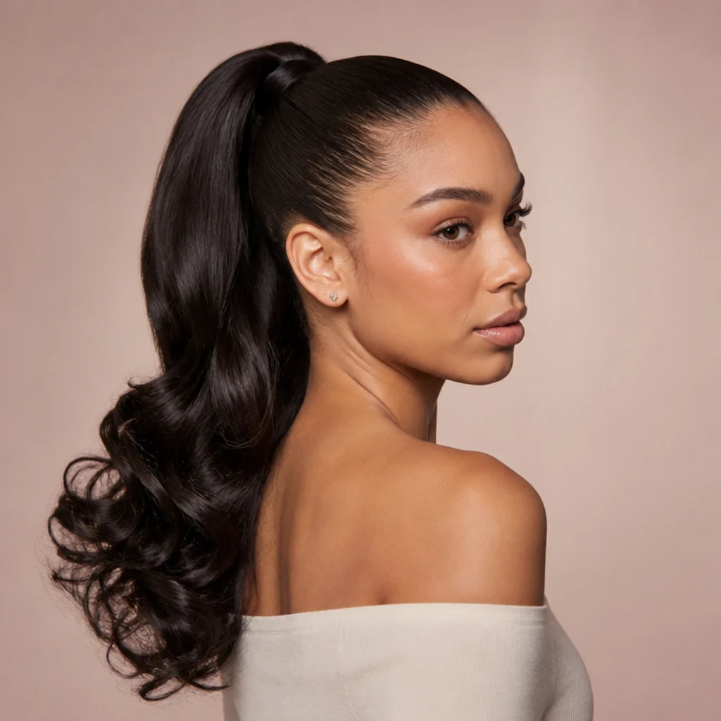 Model with a sleek high ponytail featuring a smooth base and voluminous curled length, jet black hair with a glossy base