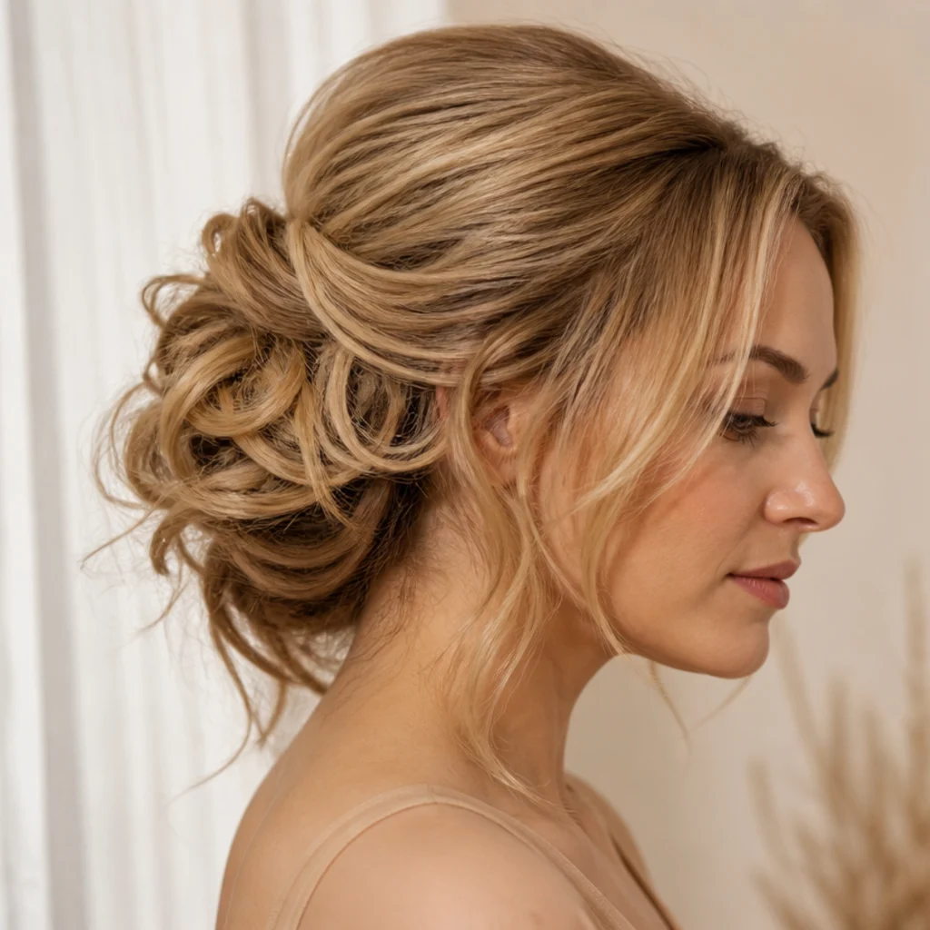Model with a soft romantic updo of loose curls pinned loosely with face-framing tendrils, warm blonde hair with airy volume