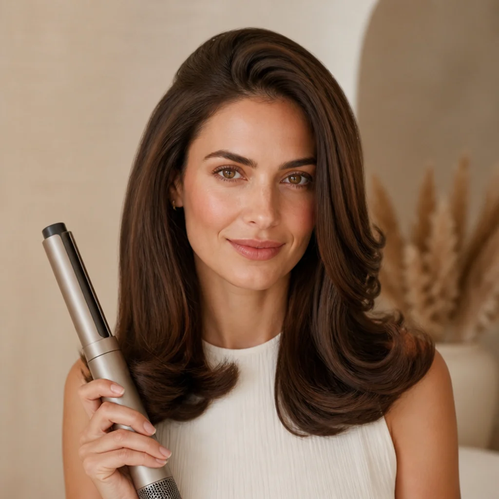 Model with a smooth, voluminous bouncy blowout styled with a multi-styler tool against a warm ivory studio backdrop