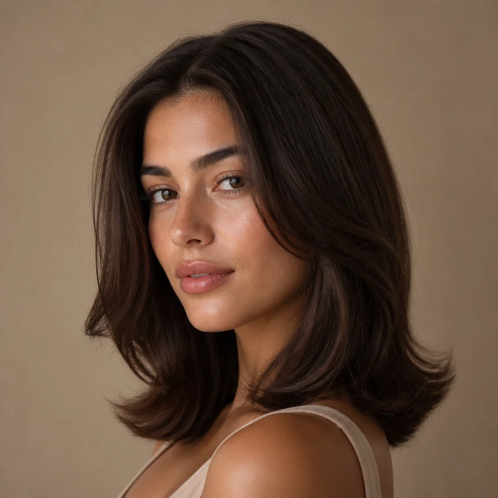 Model with a smooth medium-length bounce and rounded ends in dark brown, three-quarter angle, warm taupe backdrop