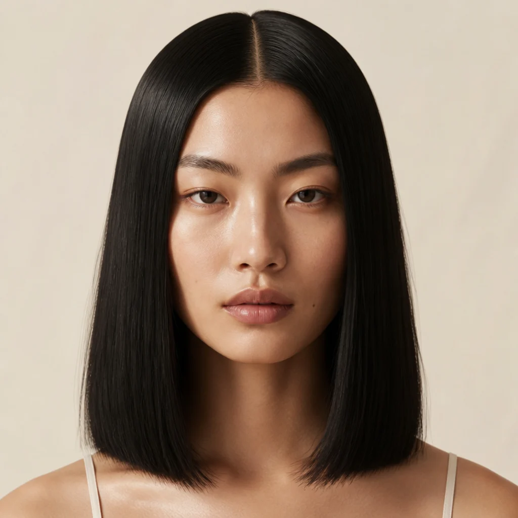 Model with pin-straight glossy shoulder-length hair and a sharp center part in black, front view, ivory background