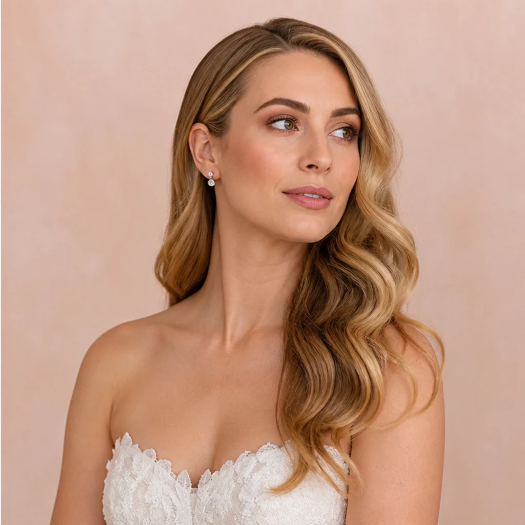 Bride with soft cascading curls swept over one shoulder in warm blonde, veil-free, blush studio backdrop