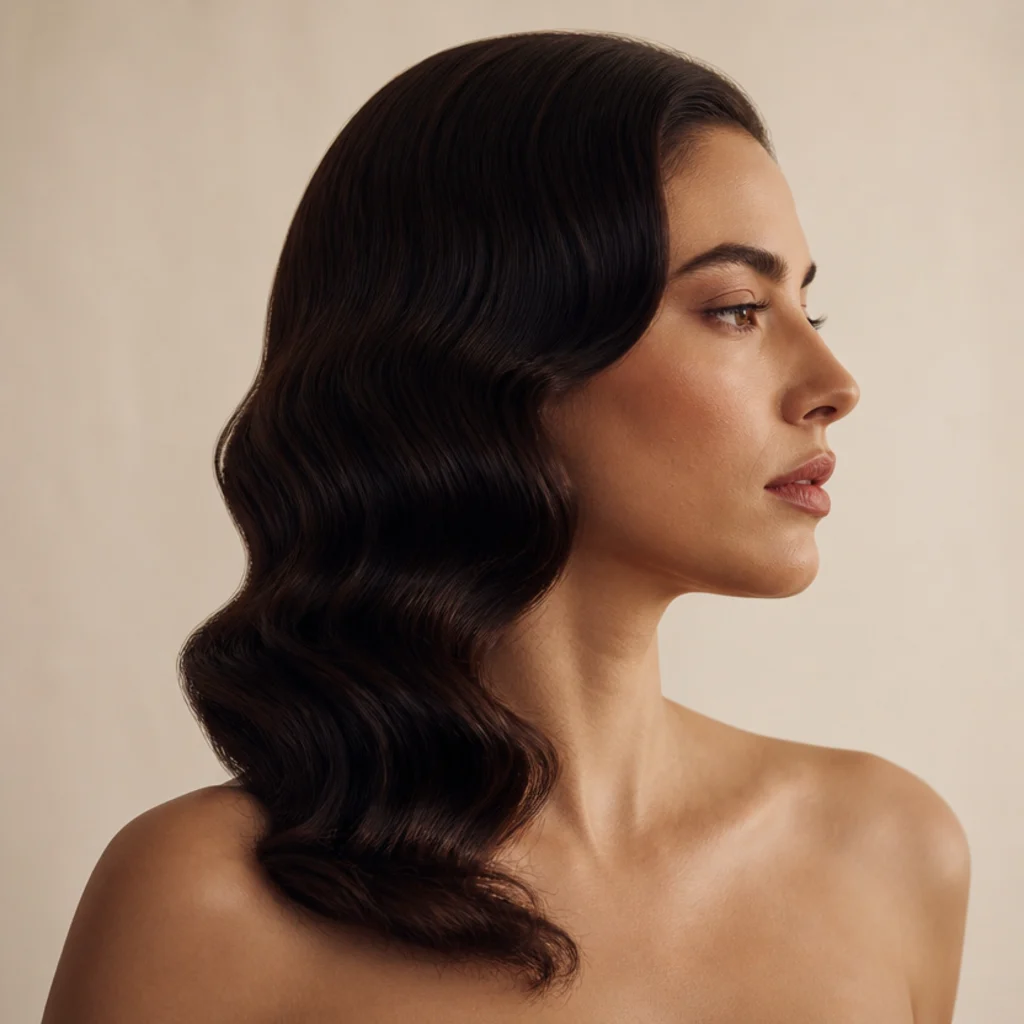 Model with sculpted glossy finger waves swept to one side in deep brunette, side profile, dramatic soft lighting on ivory