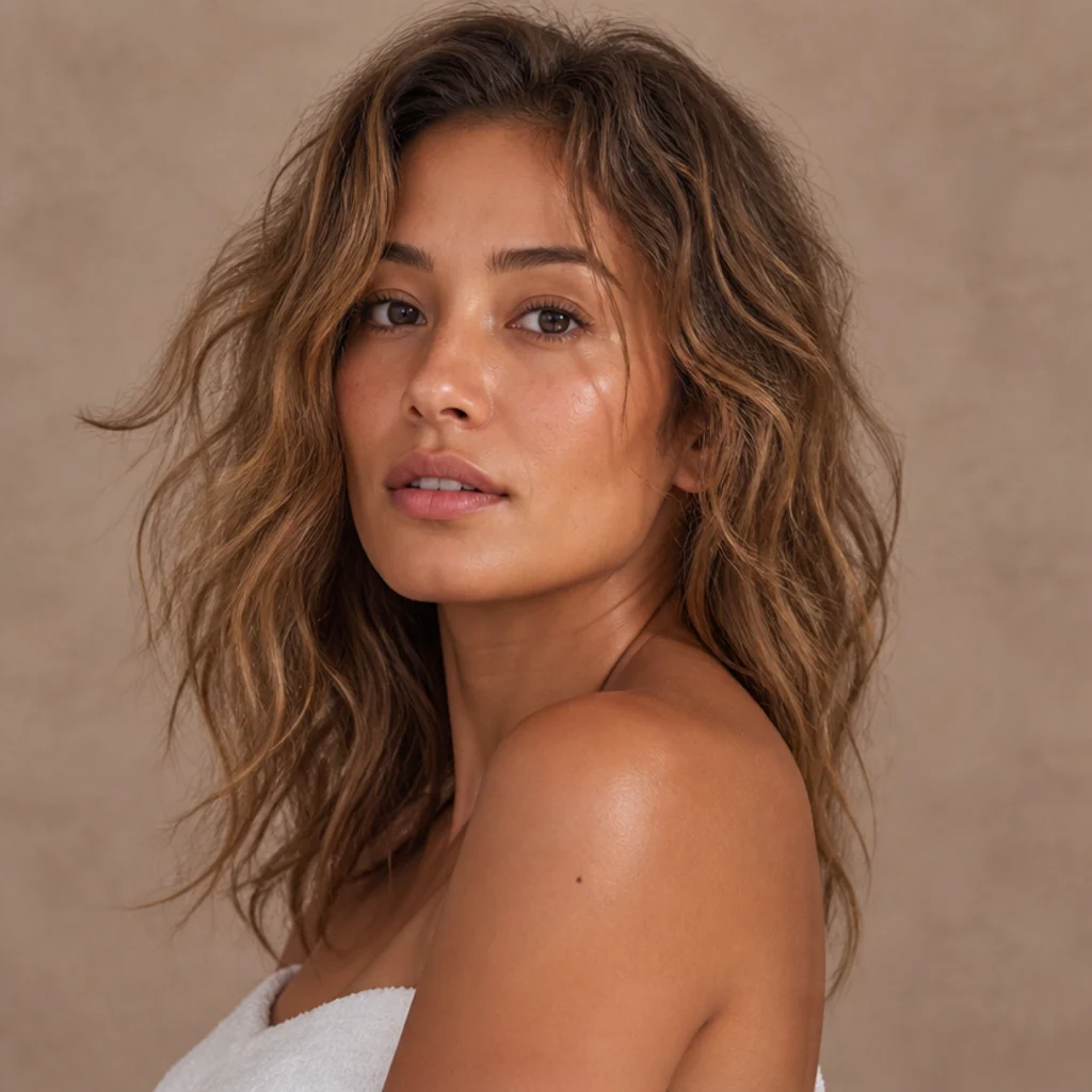 Model with tousled loose waves and undone texture in sandy brown, three-quarter view, warm taupe background