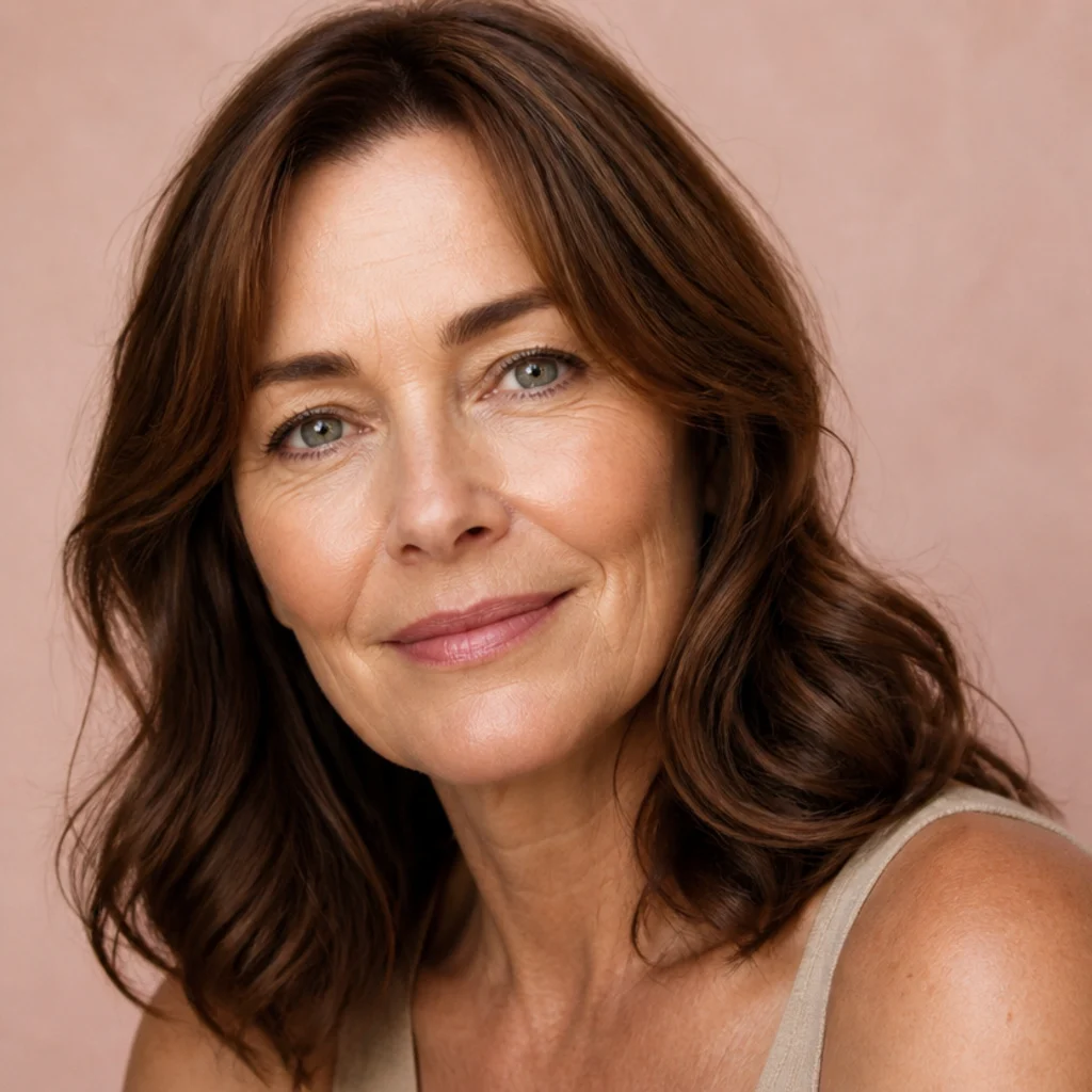 Model with relaxed shoulder-grazing curls and face-framing pieces in chestnut, gentle smile, blush background