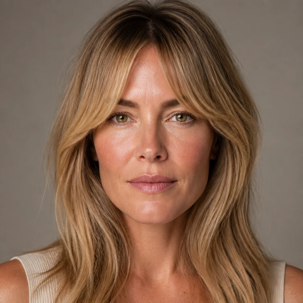 Model with soft curtain bangs feathered away from the face and smooth lengths in dark blonde, front view, taupe background