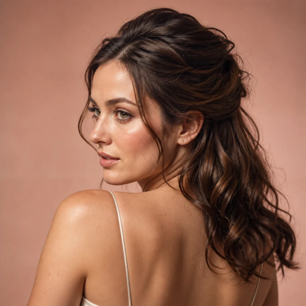 Model with a half-up style and voluminous crown, curled lengths left down, medium brown, back three-quarter view, blush background