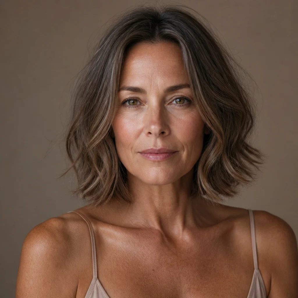 Model with a textured collarbone lob and undone flip in ash brown, front view, warm taupe backdrop