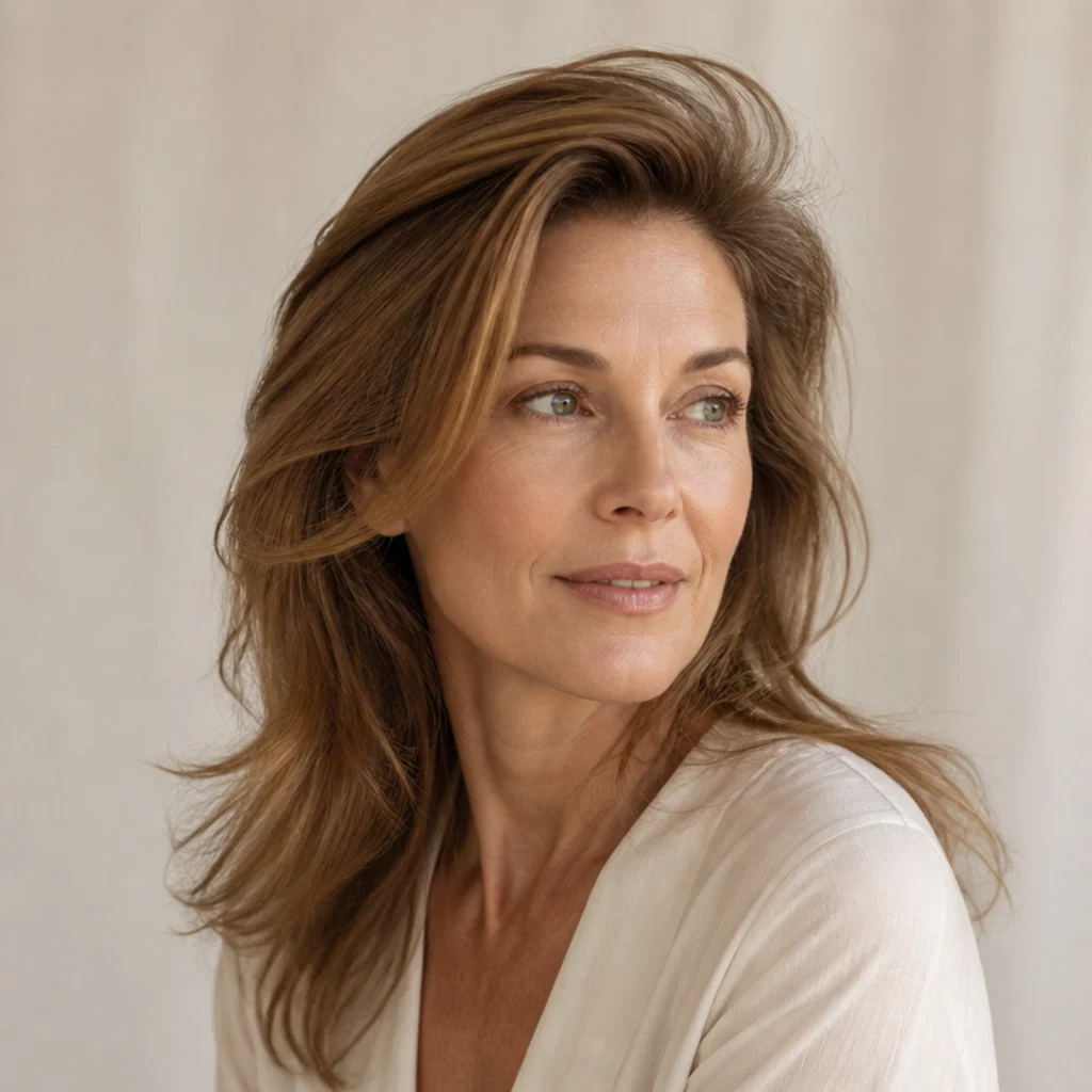 Model with fine hair showing dramatic root volume and soft lengths in light brown, three-quarter angle, ivory background