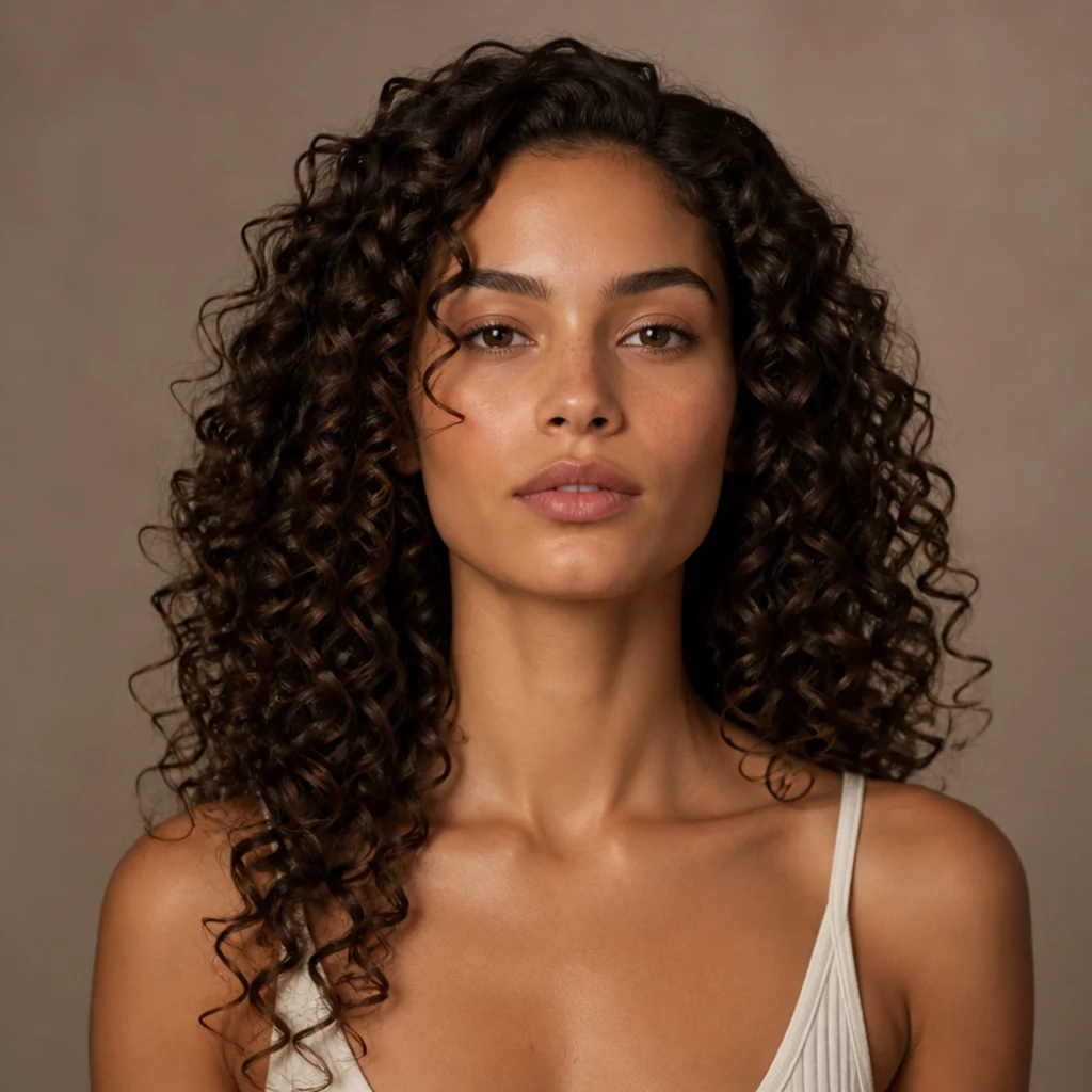Model with tight springy ringlets and glossy definition in dark brown, front view, warm taupe backdrop
