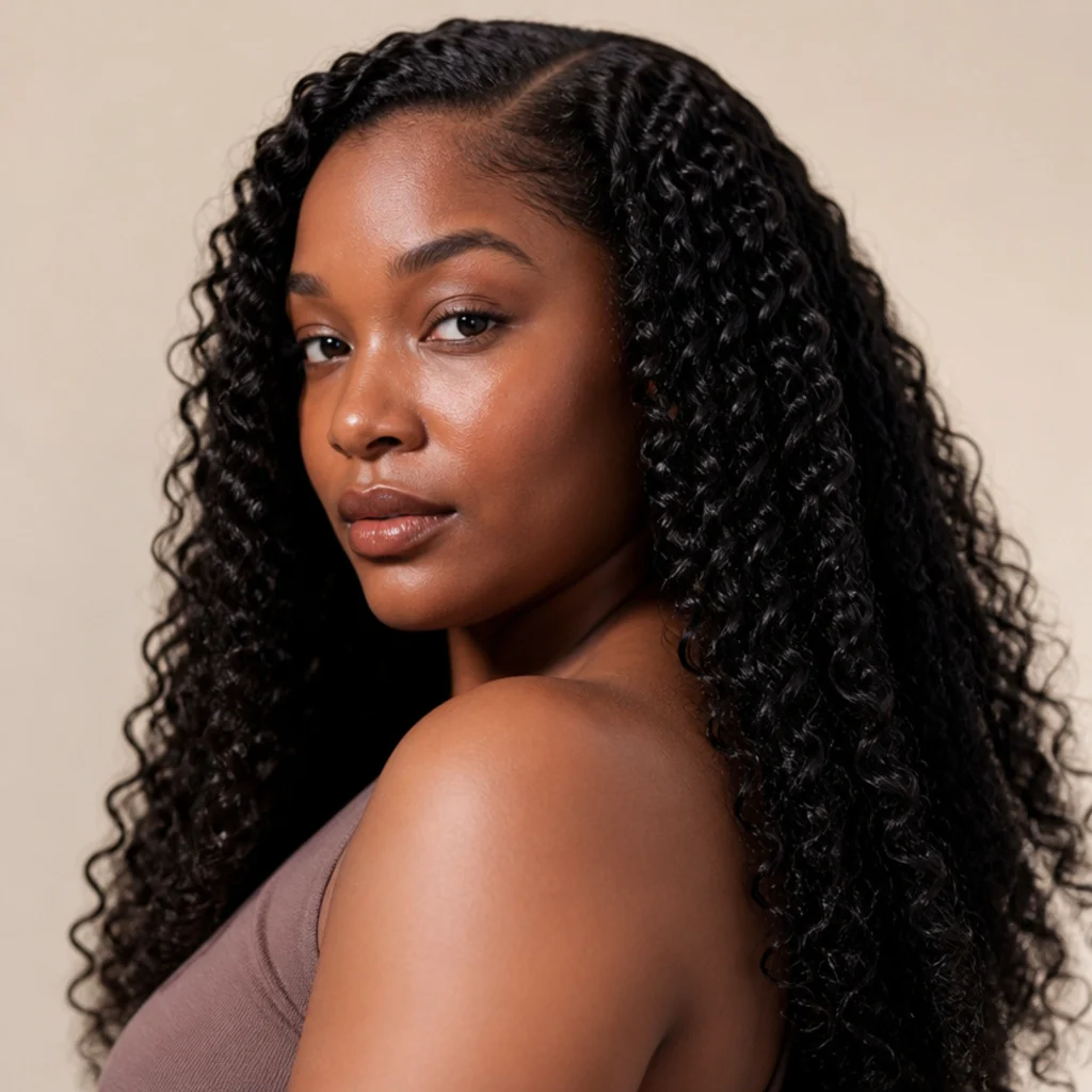 Adult Black model with defined elongated curls and glossy finish on coily hair, three-quarter view, ivory backdrop