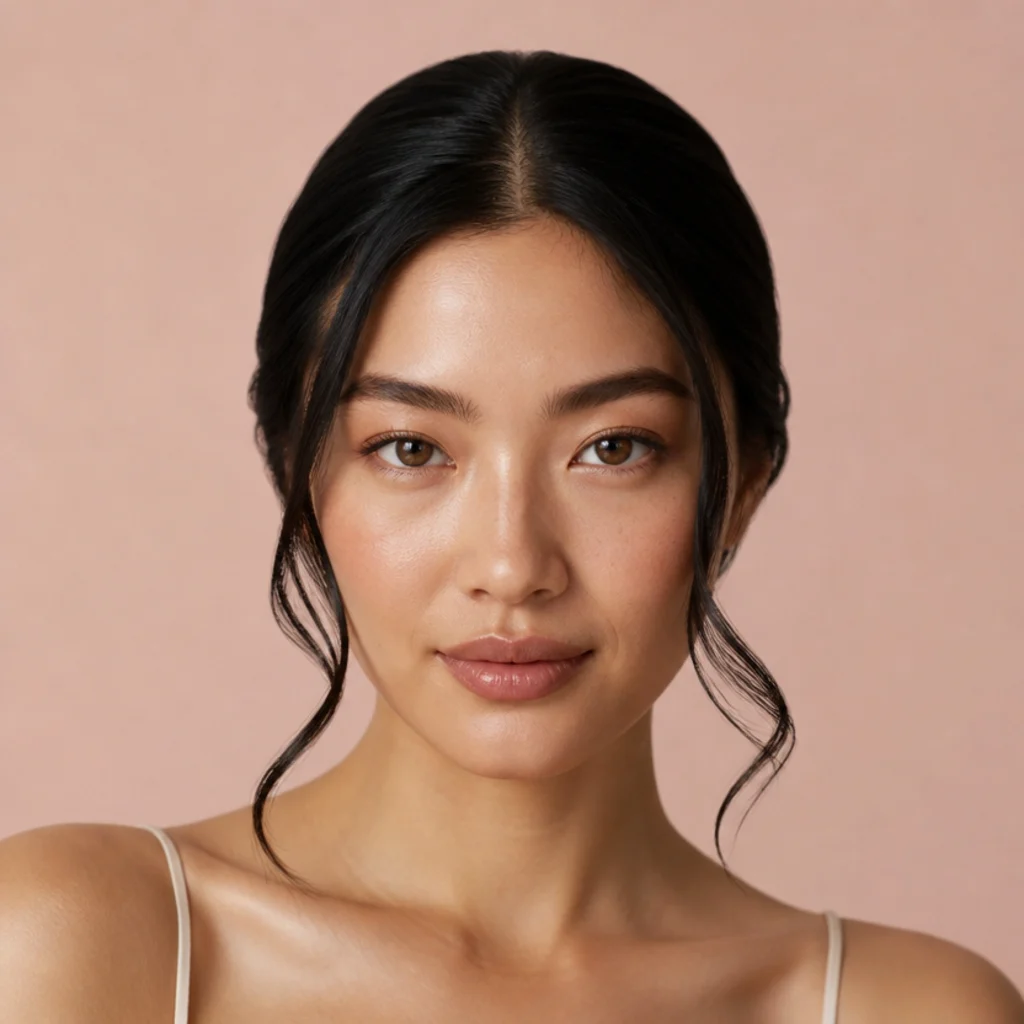 Model with a sleek low bun and two curled face-framing tendrils in black, front view, blush background
