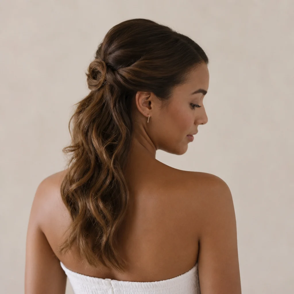Model with a twisted half-up style and smooth curled lengths in caramel brown, back three-quarter view, ivory backdrop