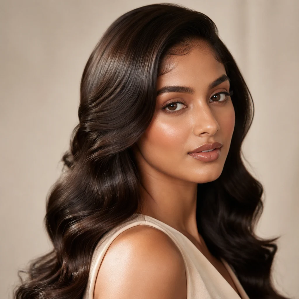 Model with glossy deep waves and a side part in rich espresso, three-quarter angle, warm ivory backdrop