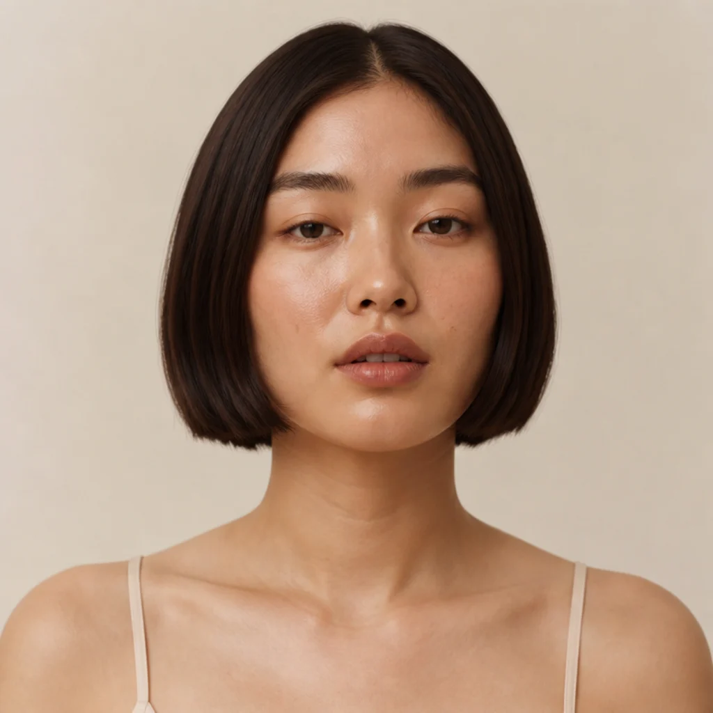 Model with a blunt bob and ends flipped under in dark brown, front view, ivory studio backdrop