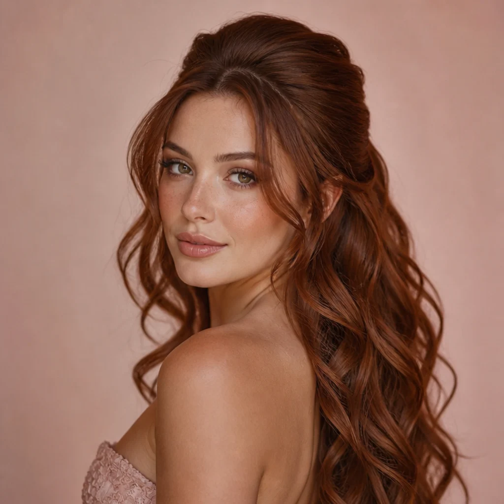 Model with long cascading curls and a lifted crown in dark auburn, three-quarter view, blush background