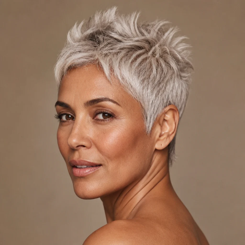 Model with a short pixie cut styled with piecey texture and lifted crown in platinum, three-quarter view, warm taupe backdrop