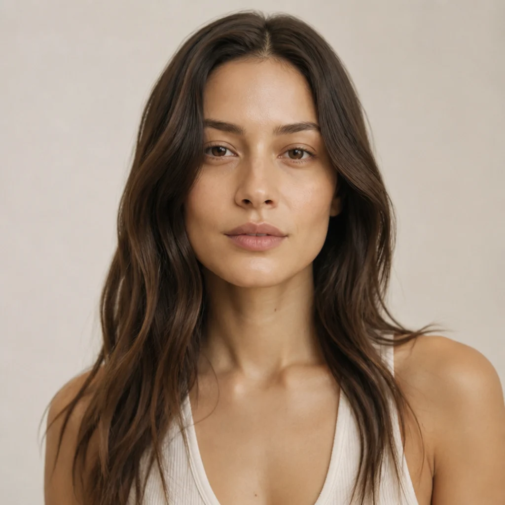 Model with easy loose waves and minimal styling in medium brown, front view, ivory background