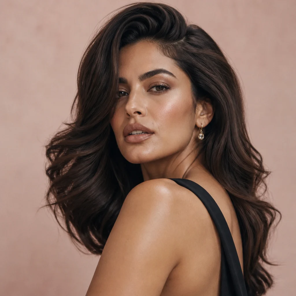 Model with a dramatic deep side part and smooth voluminous waves in espresso brown, three-quarter angle, blush backdrop