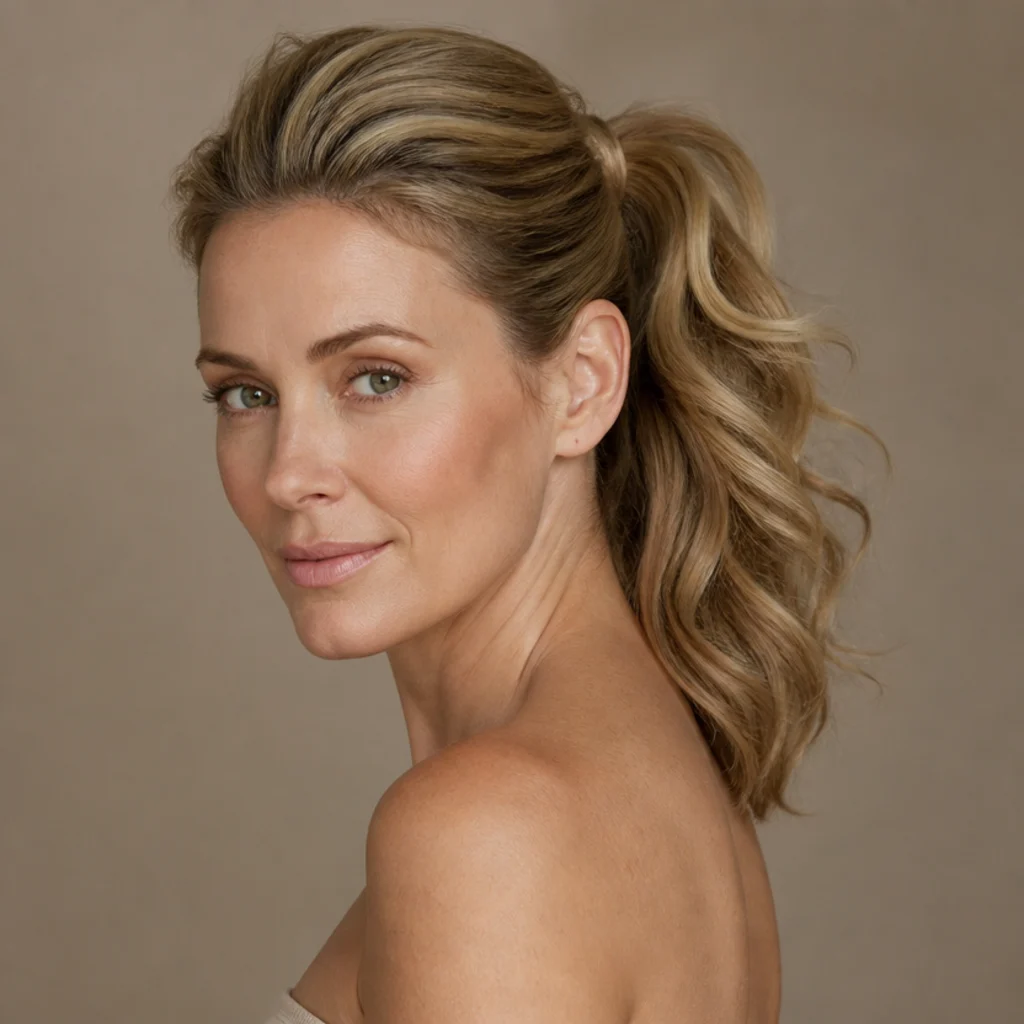 Model with a lifted voluminous ponytail and curled tail in dark blonde, three-quarter view, taupe background