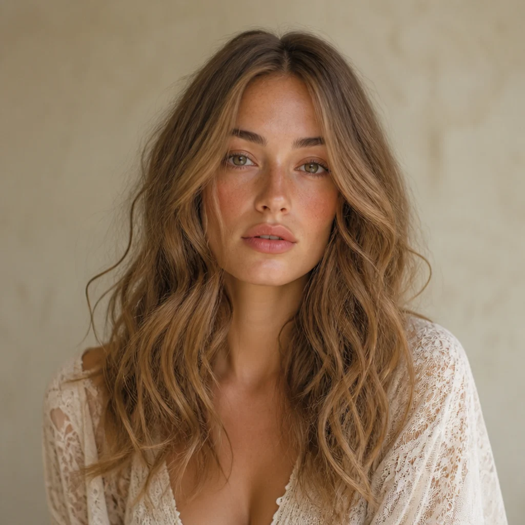 Model with loose boho waves and center part in sandy brown, front view, warm ivory backdrop