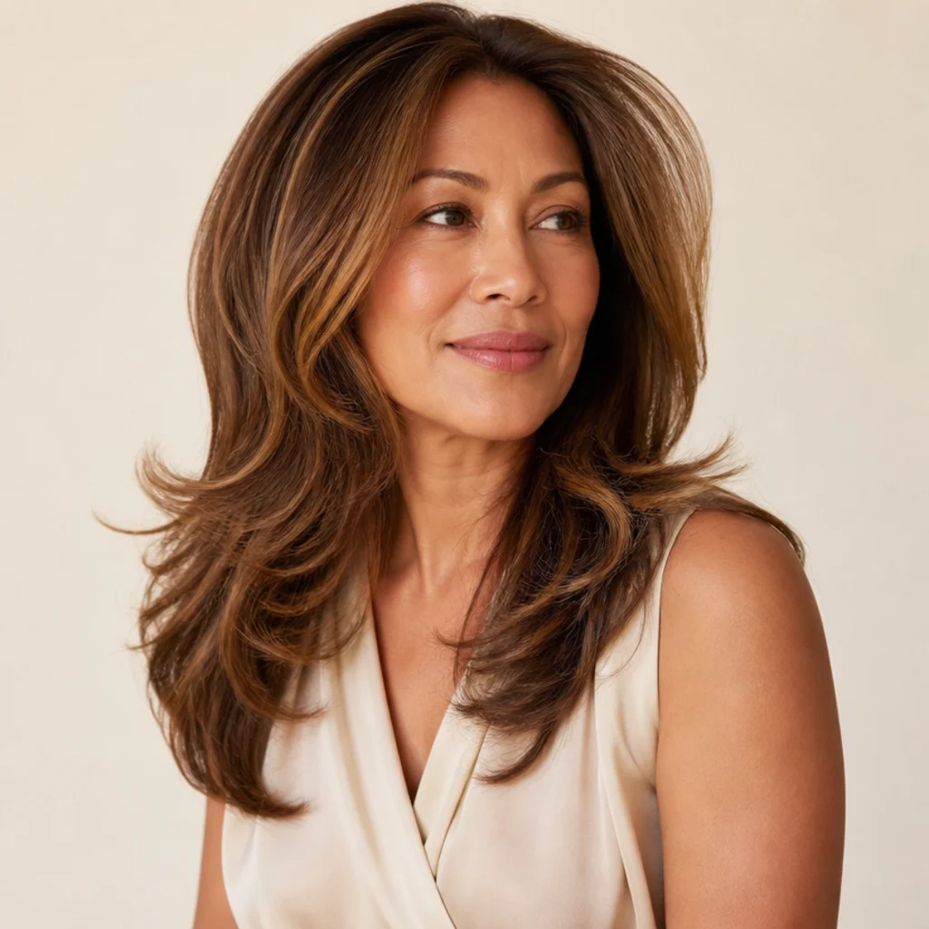 Model with a full bouncy blowout and outward-flicked ends in caramel highlights, three-quarter view, ivory background