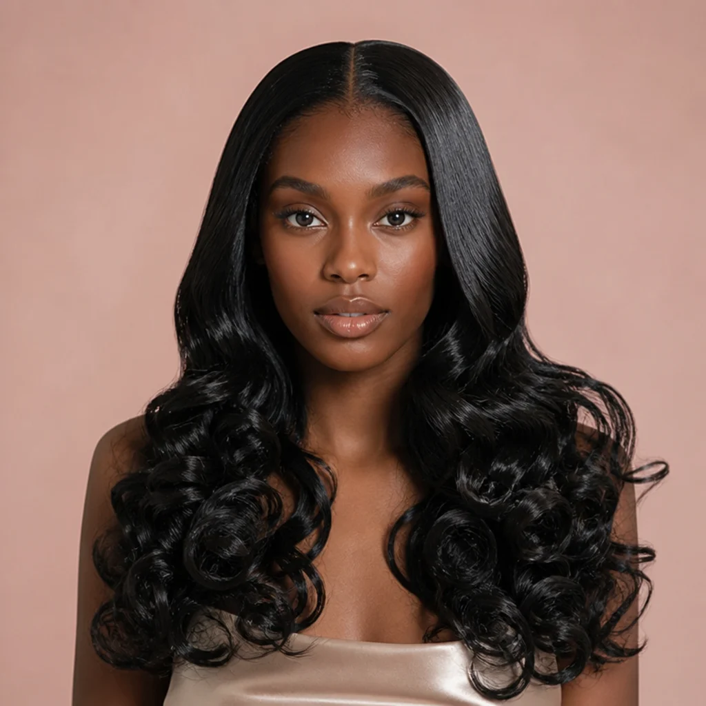Model with high-shine glassy curls and a sleek crown in jet black, front view, blush studio backdrop