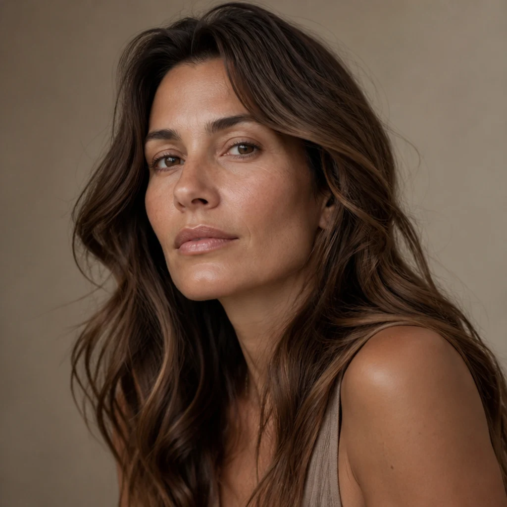 Model with natural air-dried waves lightly enhanced and soft volume in medium brown, three-quarter view, warm taupe backdrop