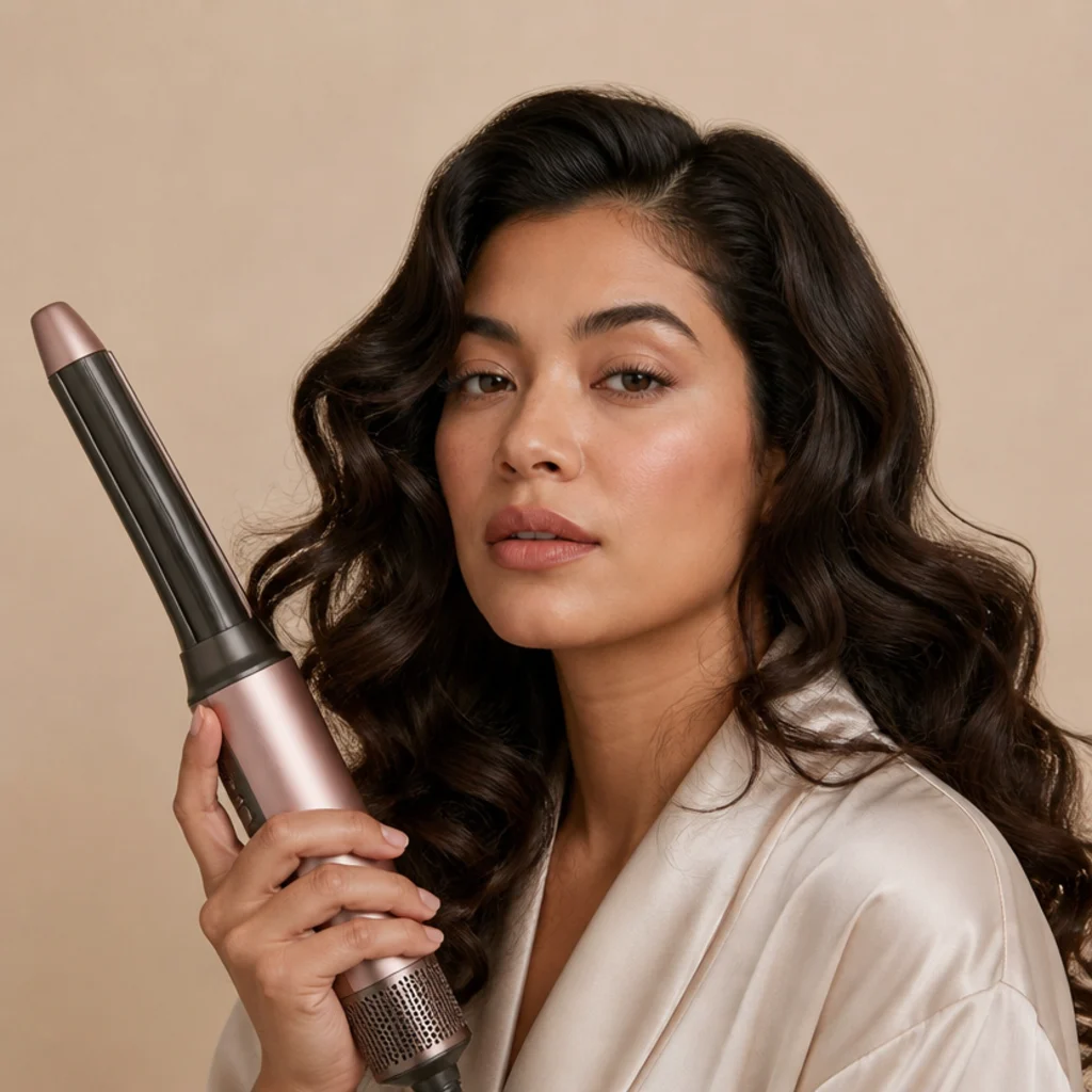 Model with soft voluminous curls and a glossy finish styled with a generic multi-styler against a warm ivory studio backdrop