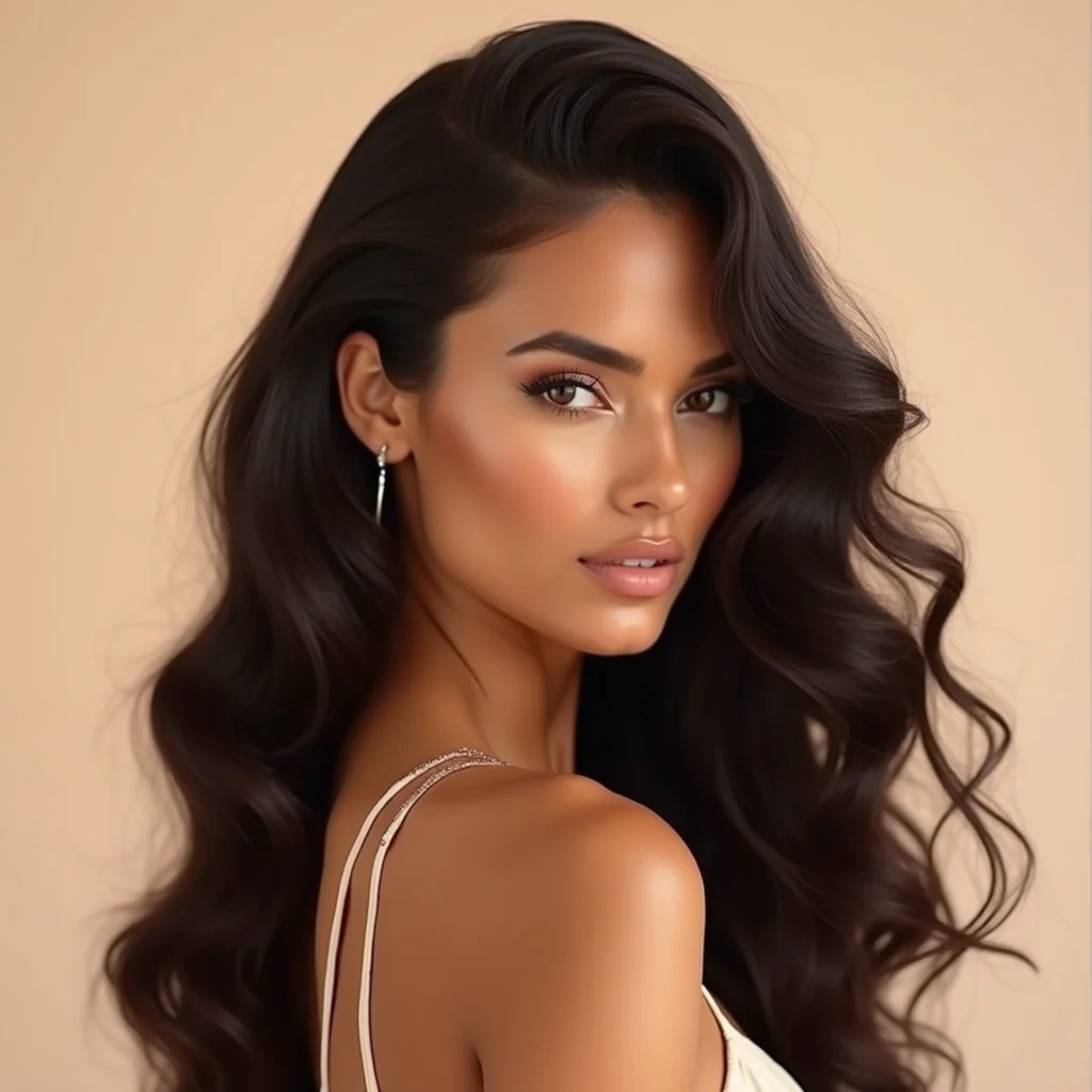 Long dark hair with a dramatic voluminous blowout, big brushed-back face-framing curls, high-shine supermodel finish with rich espresso depth