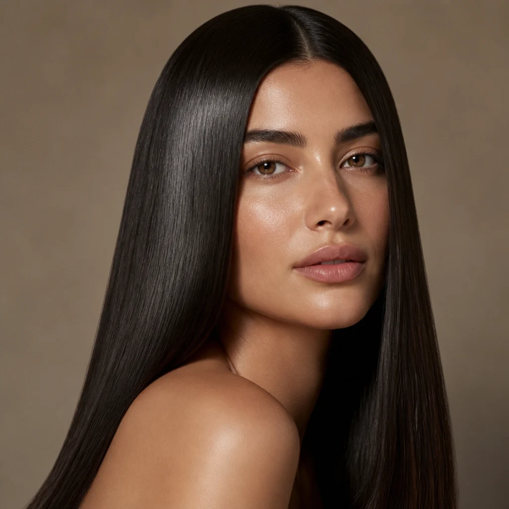 Long sleek straight hair, ultra-smooth from root to tip with the ends wrapped smoothly under, deep cool espresso color, minimalist glassy styling