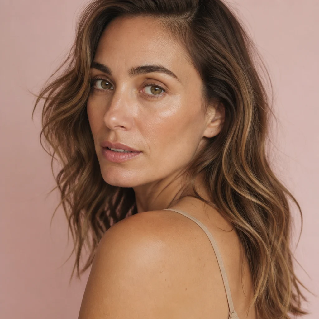 Long light-brown hair in loose undone beachy waves, soft bends starting mid-length, natural airy piecey texture, warm blush background