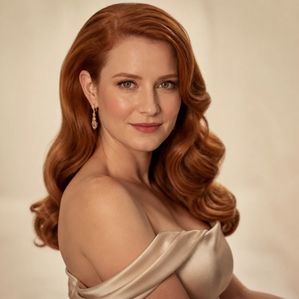 Long auburn hair in soft uniform Hollywood curls brushed to one side, vintage glamour waves with red-gold shine, glossy red-carpet finish