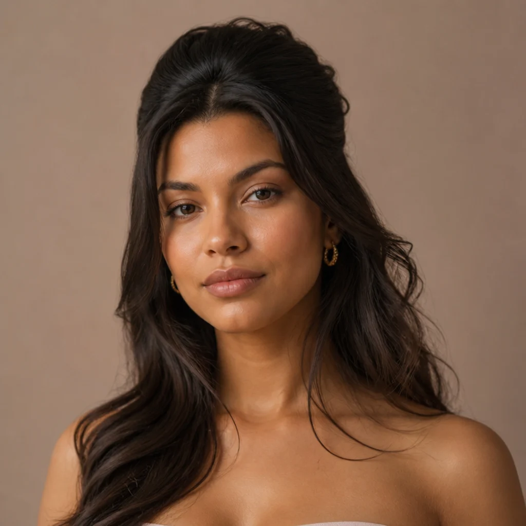 Long straight hair worn half-up with a smooth lifted bouffant crown, the top section pinned back with hidden volume, soft curled lengths falling free