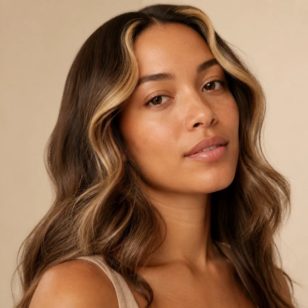 Long hair with the front money-piece sections curled back to frame the face, lighter balayage front pieces, the rest in soft blended waves